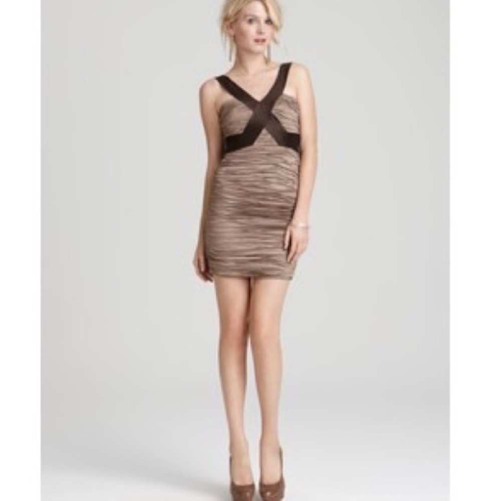BCBG Mocha Simsom ruched taffeta cocktail dress